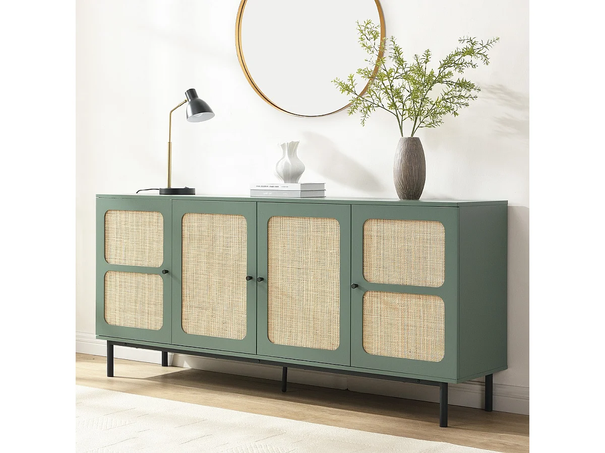 Buffet 4 portes vert et cannage 180 cm - Luma