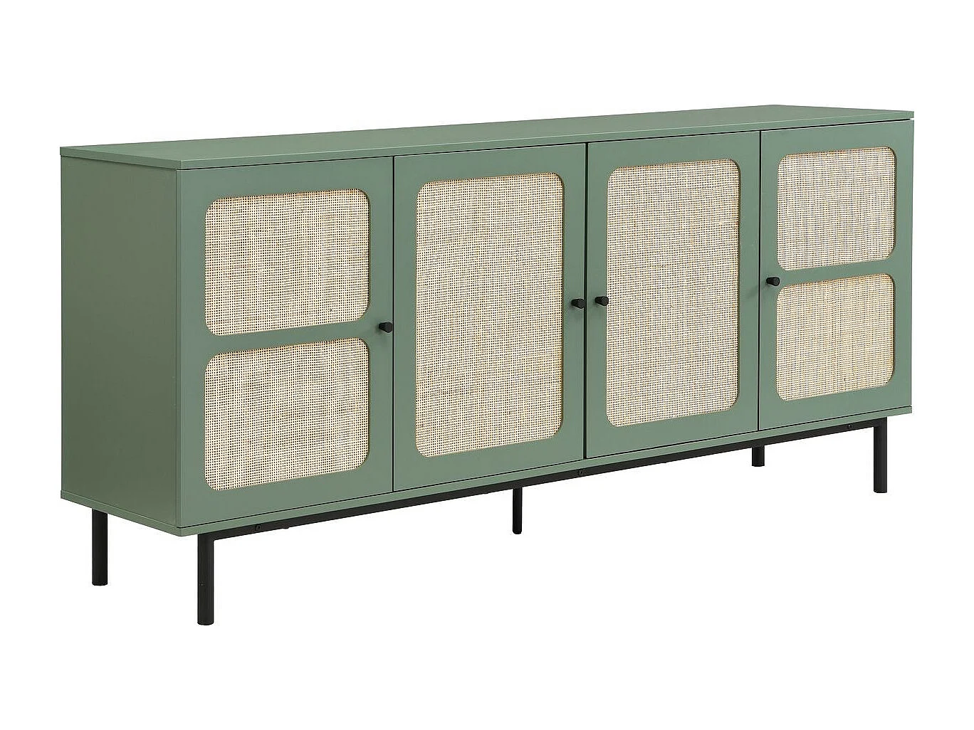 Buffet 4 portes vert et cannage 180 cm - Luma