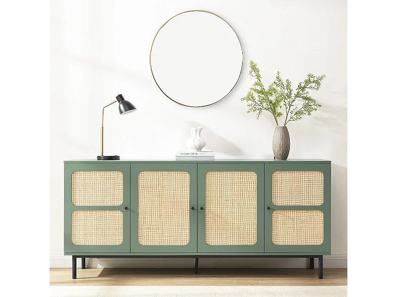 Buffet 4 portes vert et cannage 180 cm - Luma
