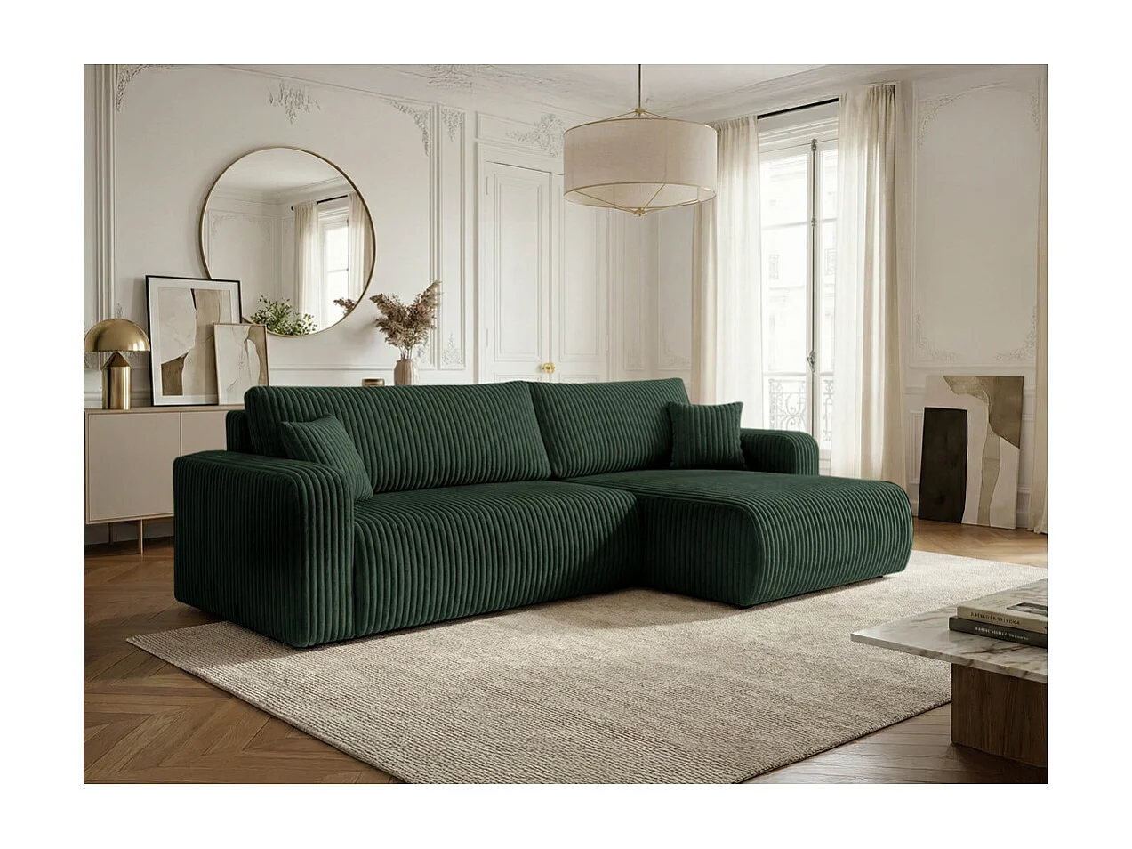 Canapé d'angle réversible conv 5p ALYA en velours cotelé épais Vert foncé