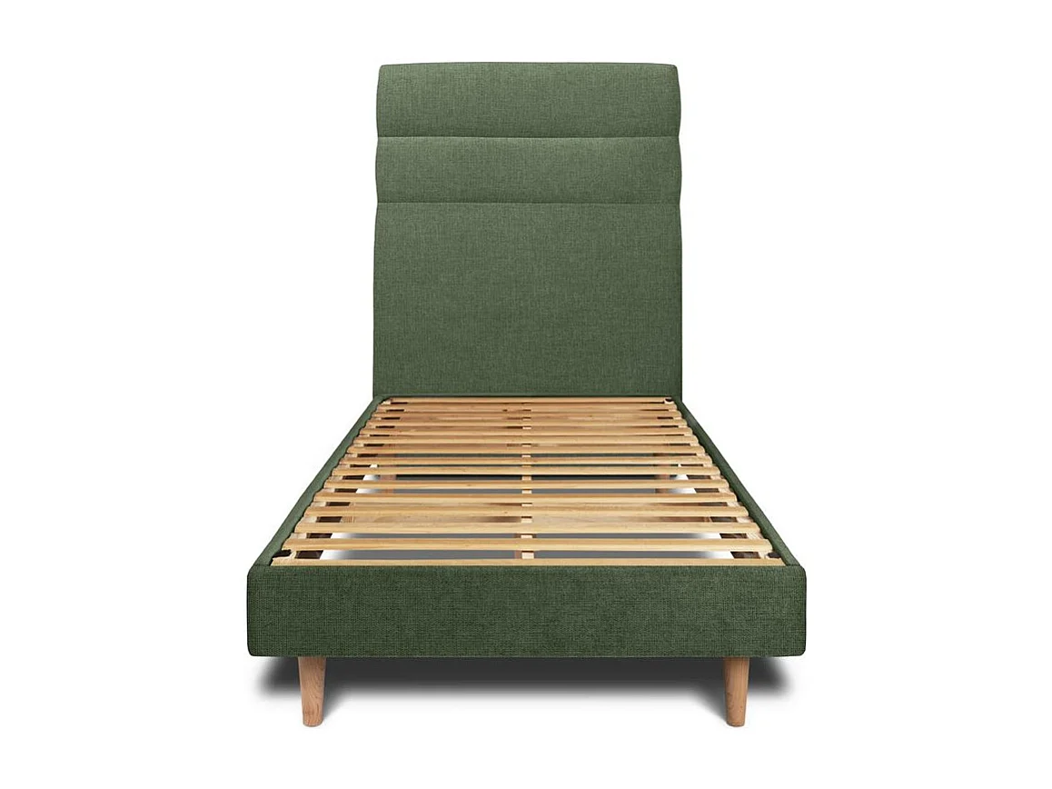 Lit 90x200cm avec tête de lit lignes tissu et sommier kit vert - Hauteur totale : 29cm