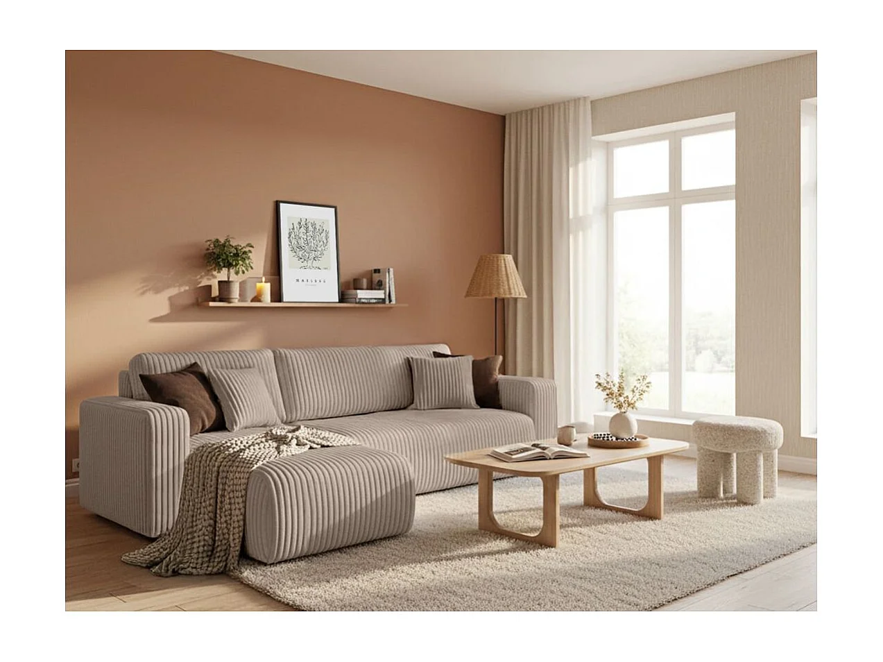 Canapé d'angle conv et réversible 4p ALYA velours cotelé épais Taupe