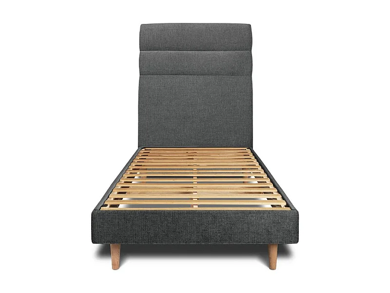 Lit 90x200cm avec tête de lit lignes tissu et sommier kit gris anthracite - Hauteur totale : 29cm