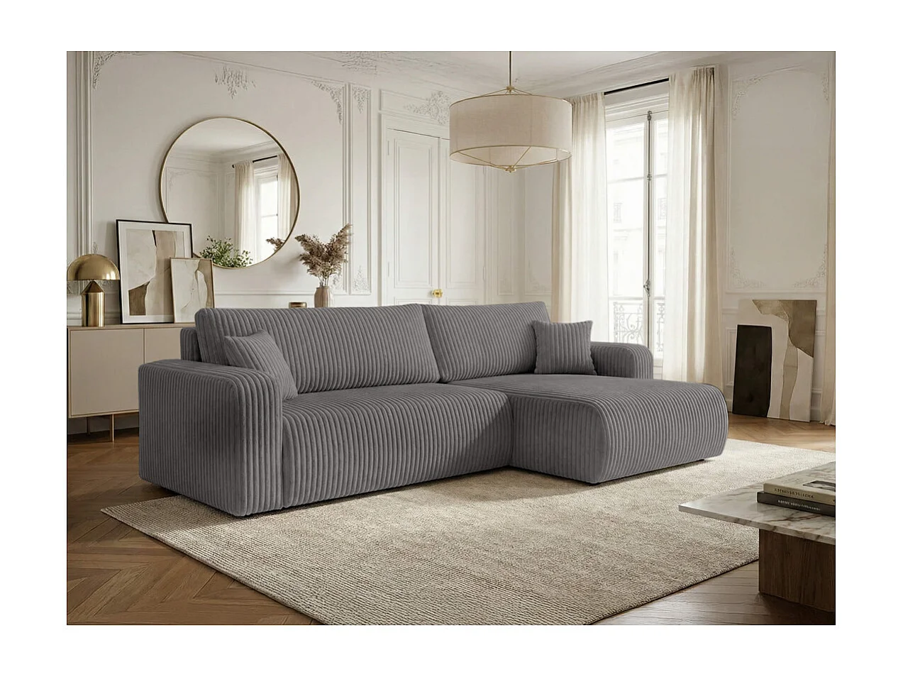 Canapé d'angle réversible conv 5p ALYA en velours cotelé épais Gris anthracite