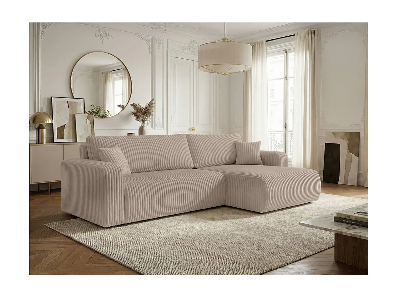 Canapé d'angle réversible conv 5p ALYA en velours cotelé épais Taupe