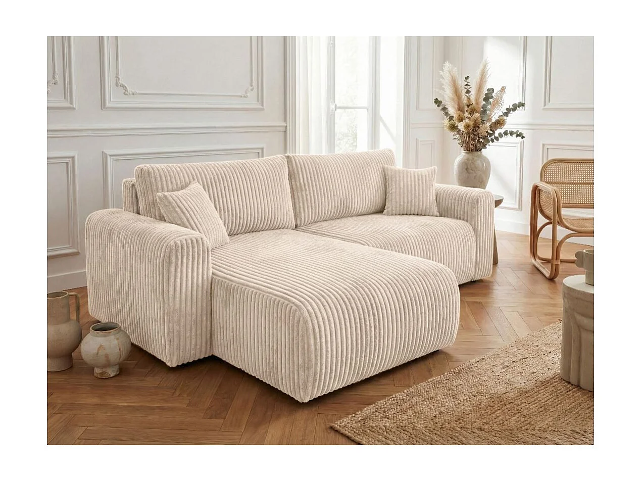 Canapé d'angle compact réversible et convertible ALYA 4 places en velours cotelé épais - Beige