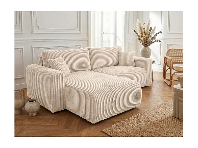 Canapé d'angle compact réversible et convertible ALYA 4 places en velours cotelé épais - Beige