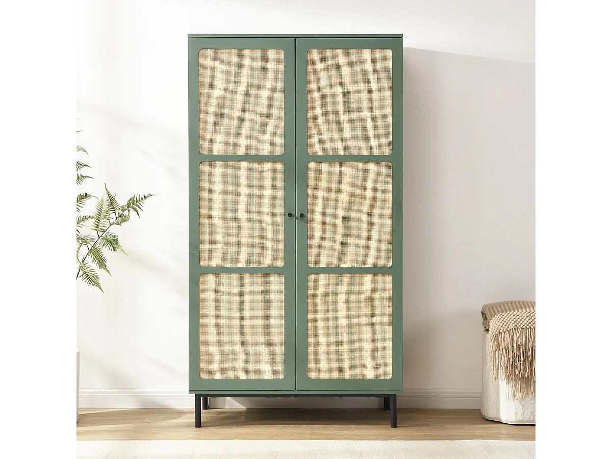 Armoire 2 portes vert et cannage 100 cm - Luma