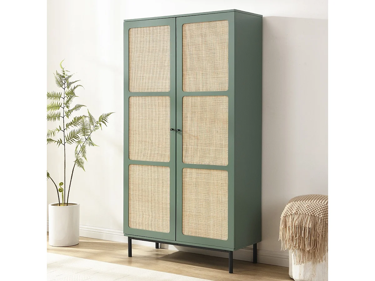 Armoire 2 portes vert et cannage 100 cm - Luma