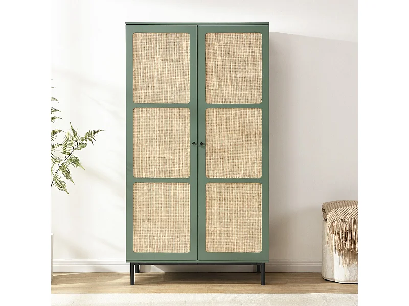Armoire 2 portes vert et cannage 100 cm - Luma