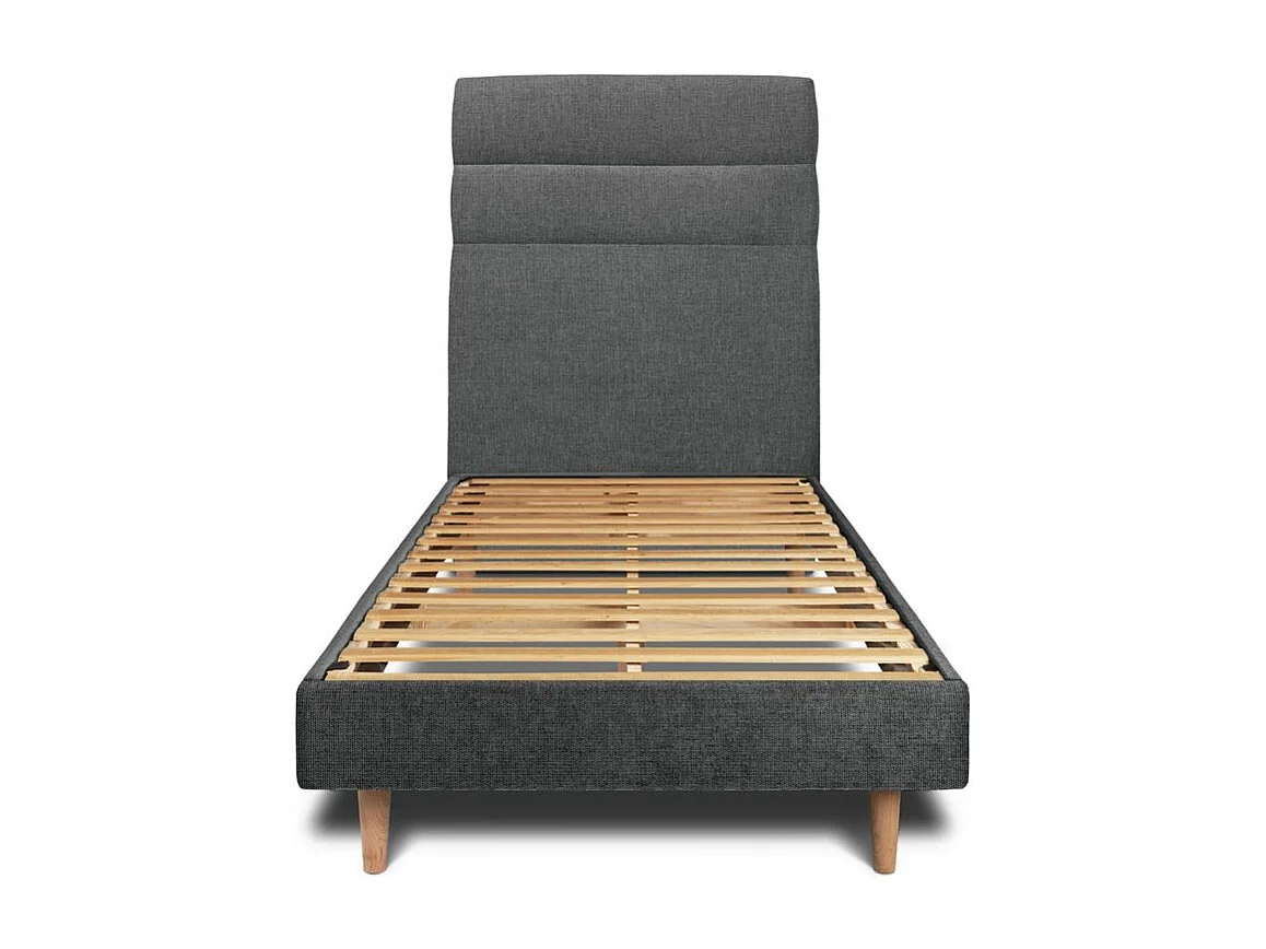 Lit 90x190cm avec tête de lit lignes tissu et sommier kit gris anthracite - Hauteur totale : 29cm