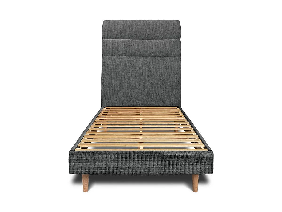 Lit 90x190cm avec tête de lit lignes tissu et sommier kit gris anthracite - Hauteur totale : 29cm