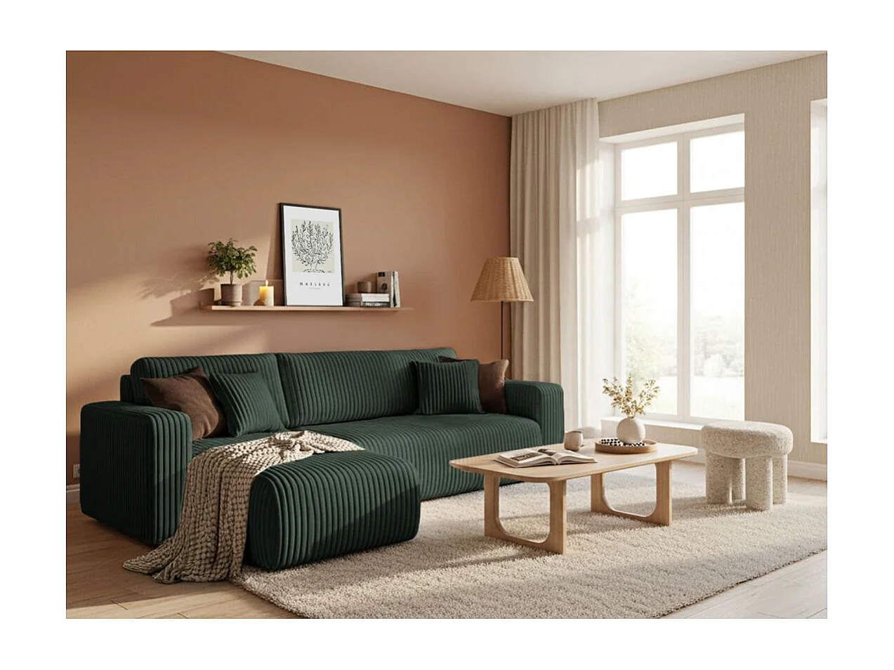 Canapé d'angle conv et réversible 4p ALYA velours cotelé épais Vert foncé