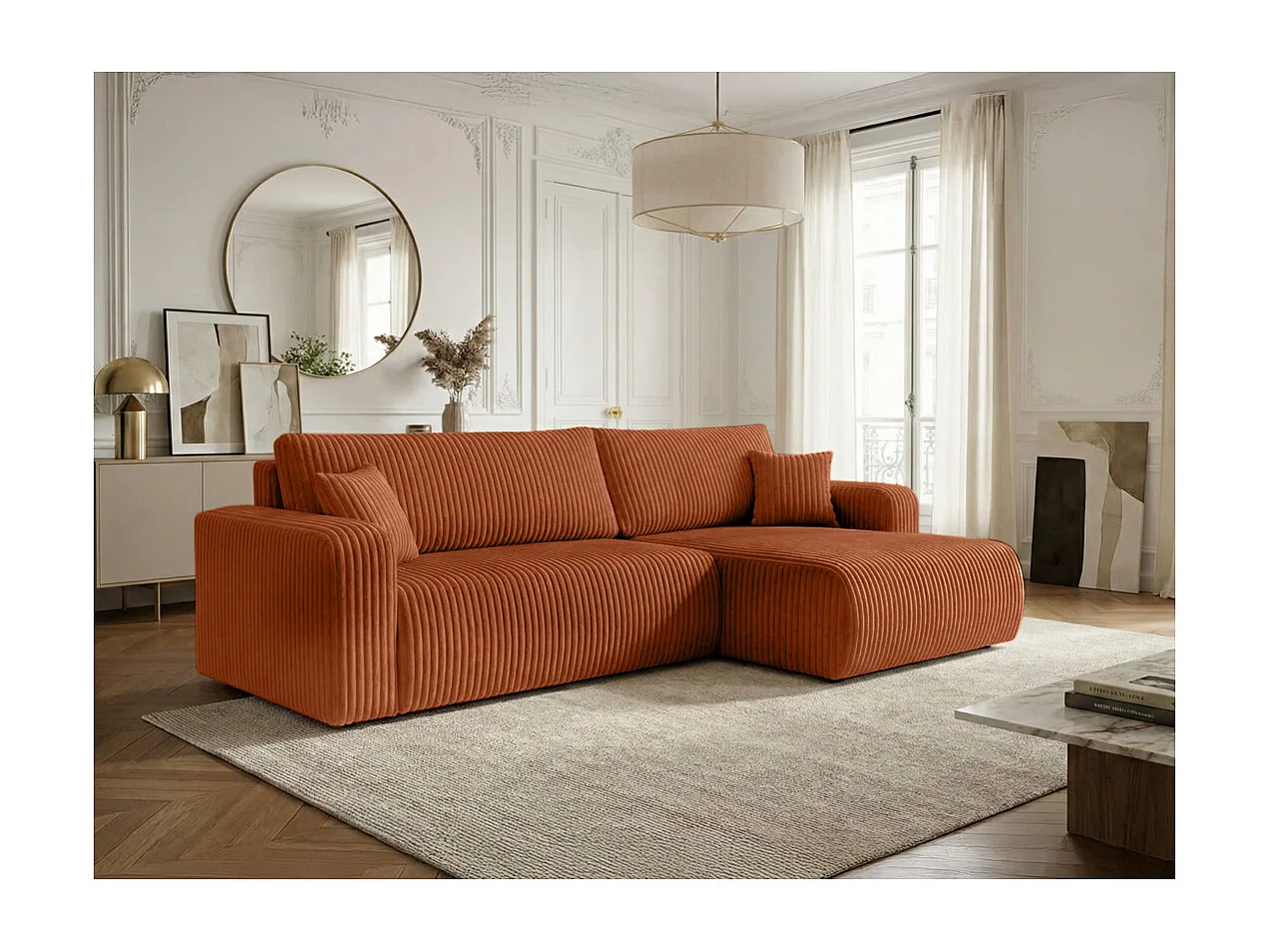 Canapé d'angle réversible conv 5p ALYA en velours cotelé épais Terracotta