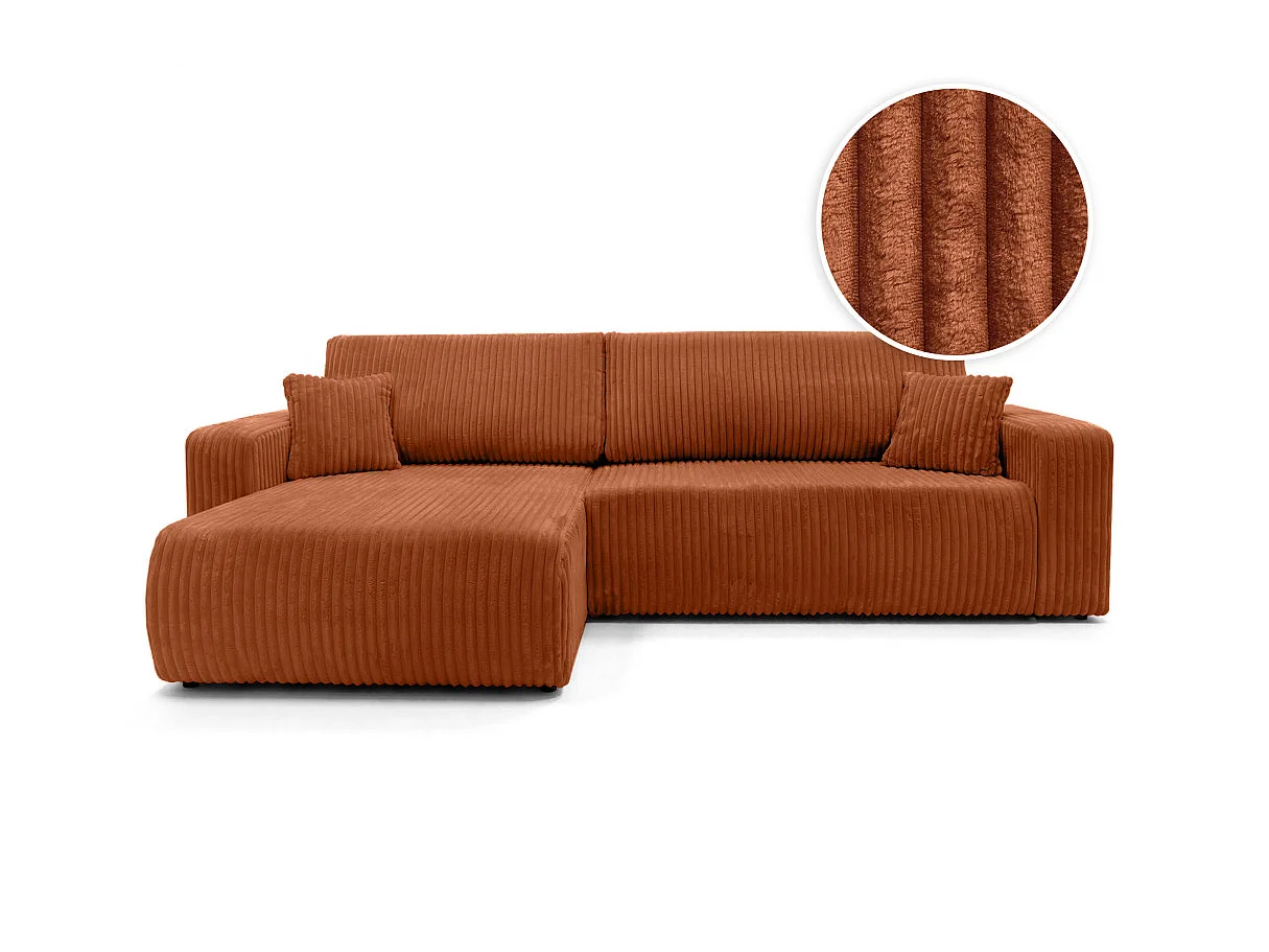 Canapé d'angle convertible 5 places en velours cotele terracotta