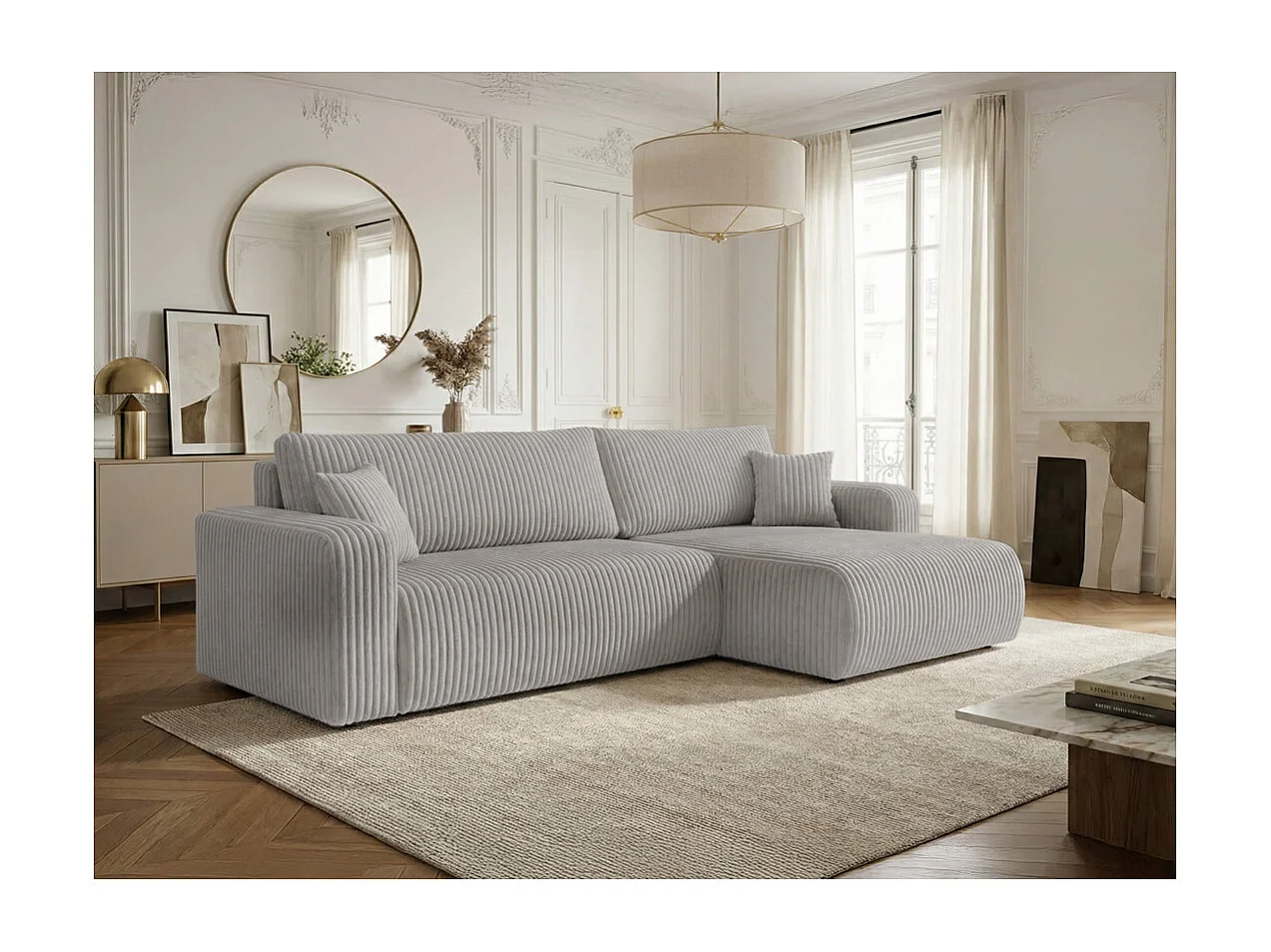 Canapé d'angle réversible conv 5p ALYA en velours cotelé épais Gris clair