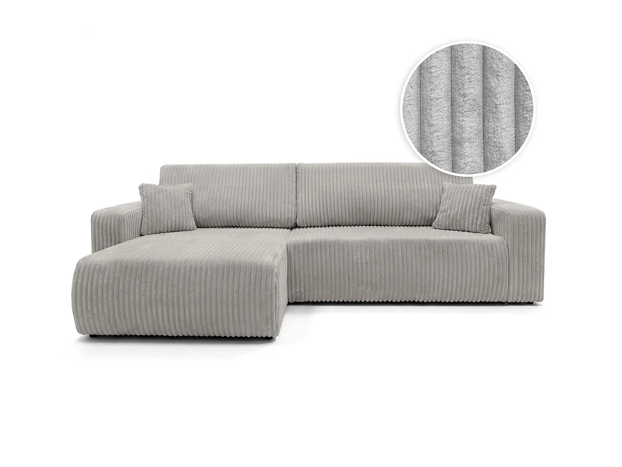 Canapé d'angle convertible 5 places en velours cotele gris clair