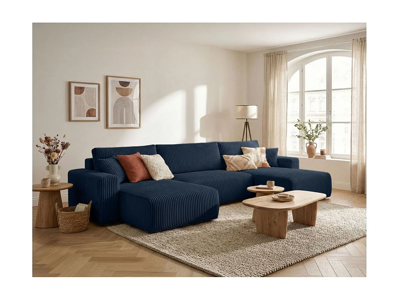 Canapé panoramique convertible 6p ALYA velours cotelé épais Bleu foncé