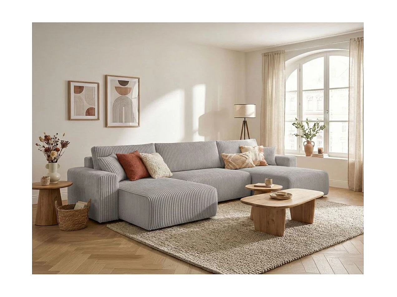 Canapé panoramique convertible 6p ALYA velours cotelé épais Gris clair