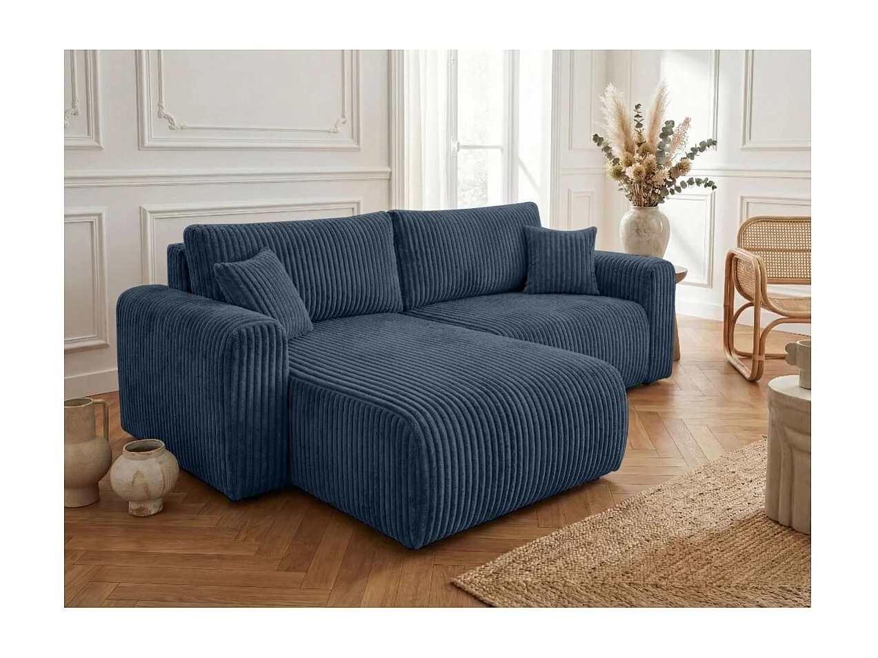 Canapé d'angle compact réversible et convertible ALYA 4 places en velours cotelé épais - Bleu foncé