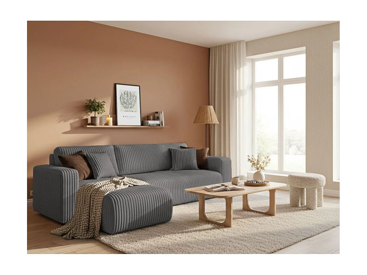 Canapé d'angle conv et réversible 4p ALYA velours cotelé épais Gris anthracite