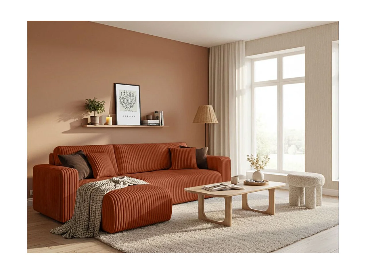 Canapé d'angle conv et réversible 4p ALYA velours cotelé épais Terracotta