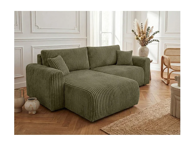 Canapé d'angle compact réversible et convertible ALYA 4 places en velours cotelé épais - Vert kaki