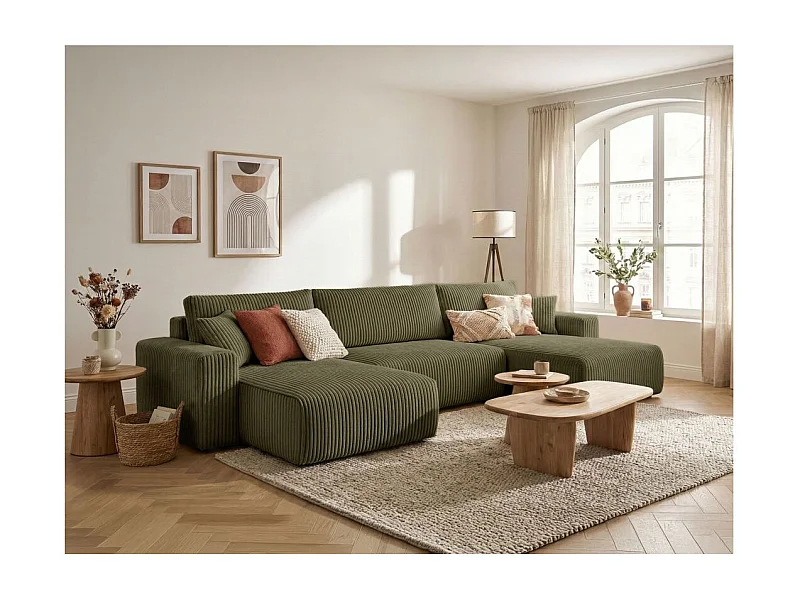 Canapé panoramique convertible 6p ALYA velours cotelé épais Vert kaki