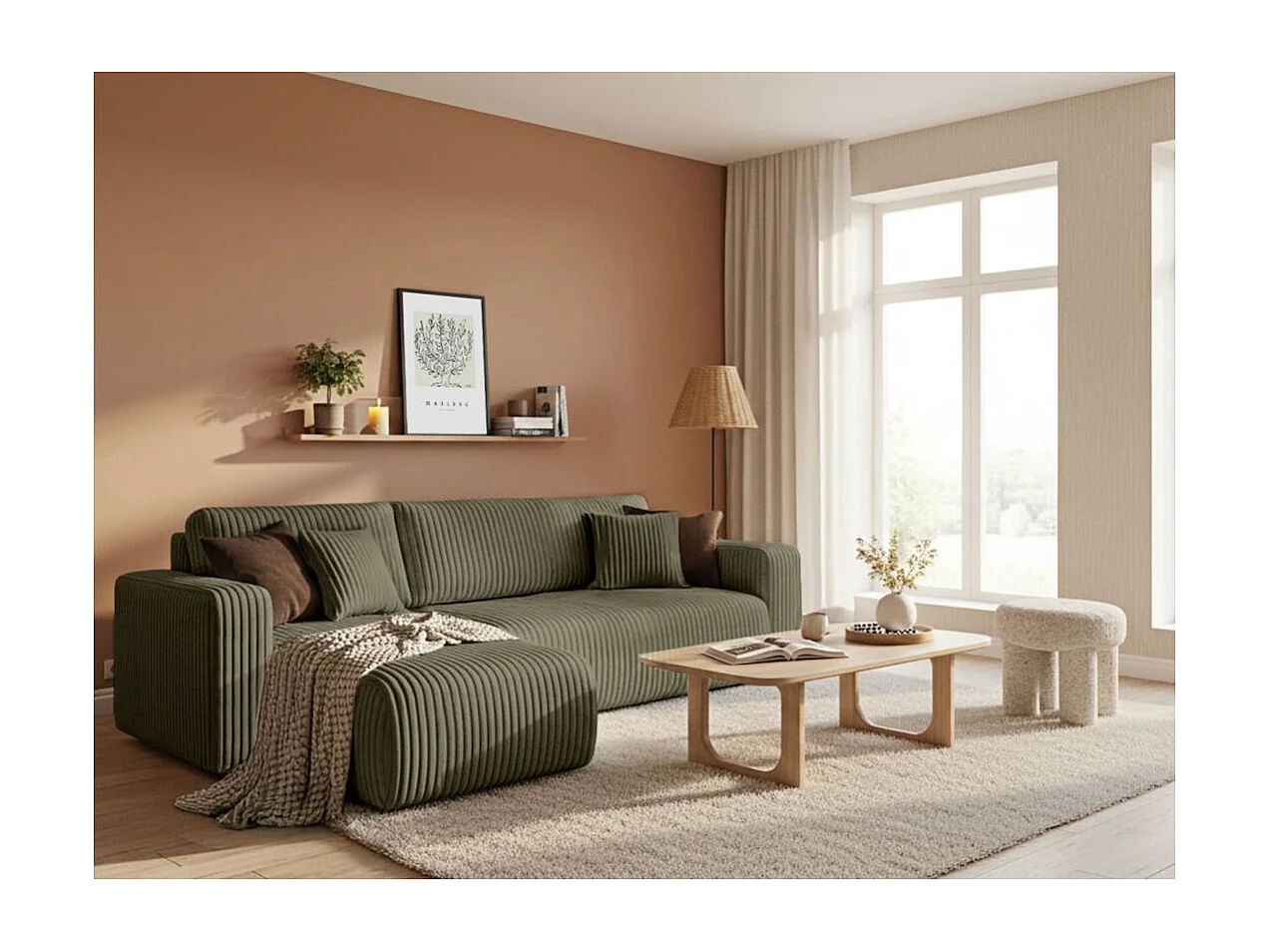 Canapé d'angle conv et réversible 4p ALYA velours cotelé épais Vert kaki