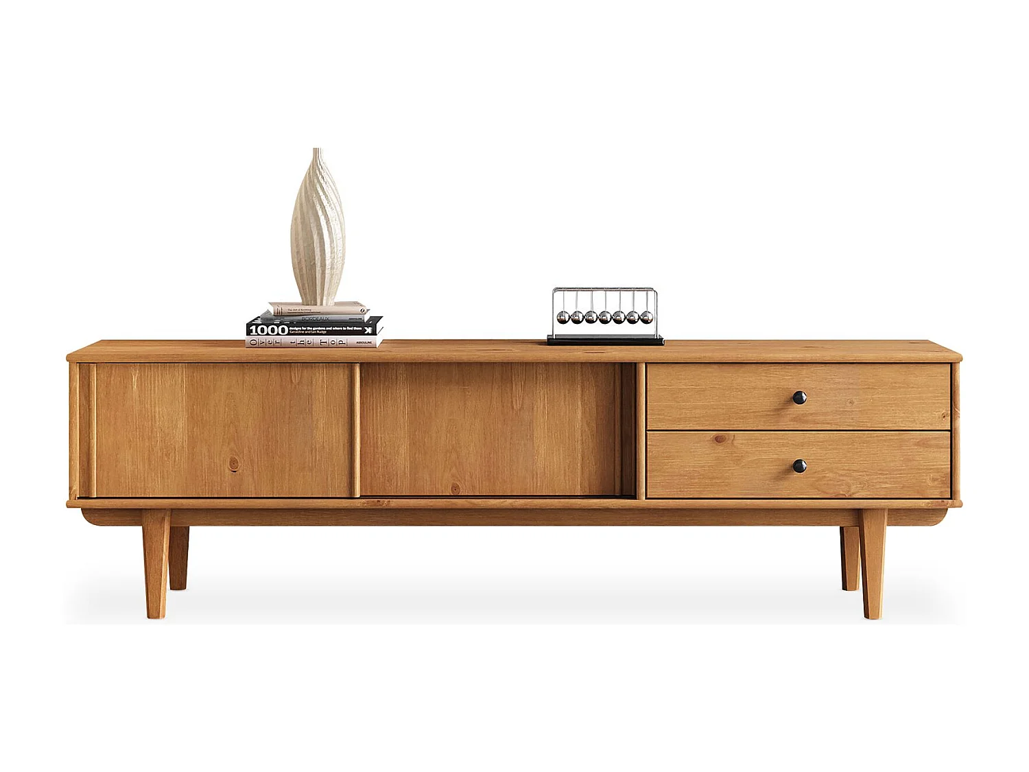 Meuble TV SIMONA L 175 cm en Bois Massif Coloris Chêne avec 2 Tiroirs 2 Portes Coulissantes, Pour téléviseur jusqu'à 75"