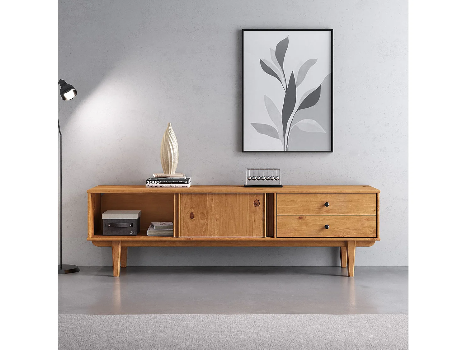 Meuble TV SIMONA L 175 cm en Bois Massif Coloris Chêne avec 2 Tiroirs 2 Portes Coulissantes, Pour téléviseur jusqu'à 75"