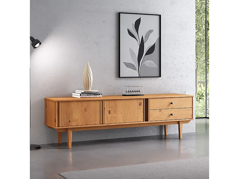 Meuble TV SIMONA L 175 cm en Bois Massif Coloris Chêne avec 2 Tiroirs 2 Portes Coulissantes, Pour téléviseur jusqu'à 75"