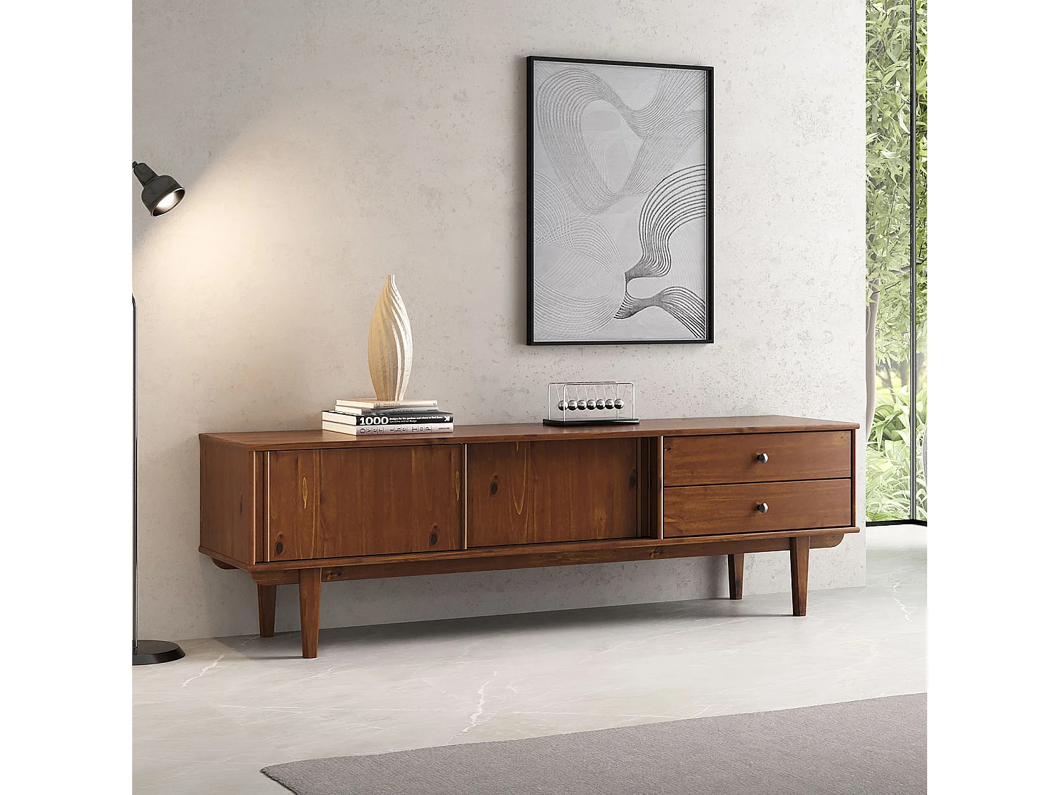 Meuble TV SIMONA L 175 cm en Bois Massif Coloris Châtaignier avec 2 Tiroirs 2 Portes Coulissantes, Pour téléviseur jusqu'à 75"