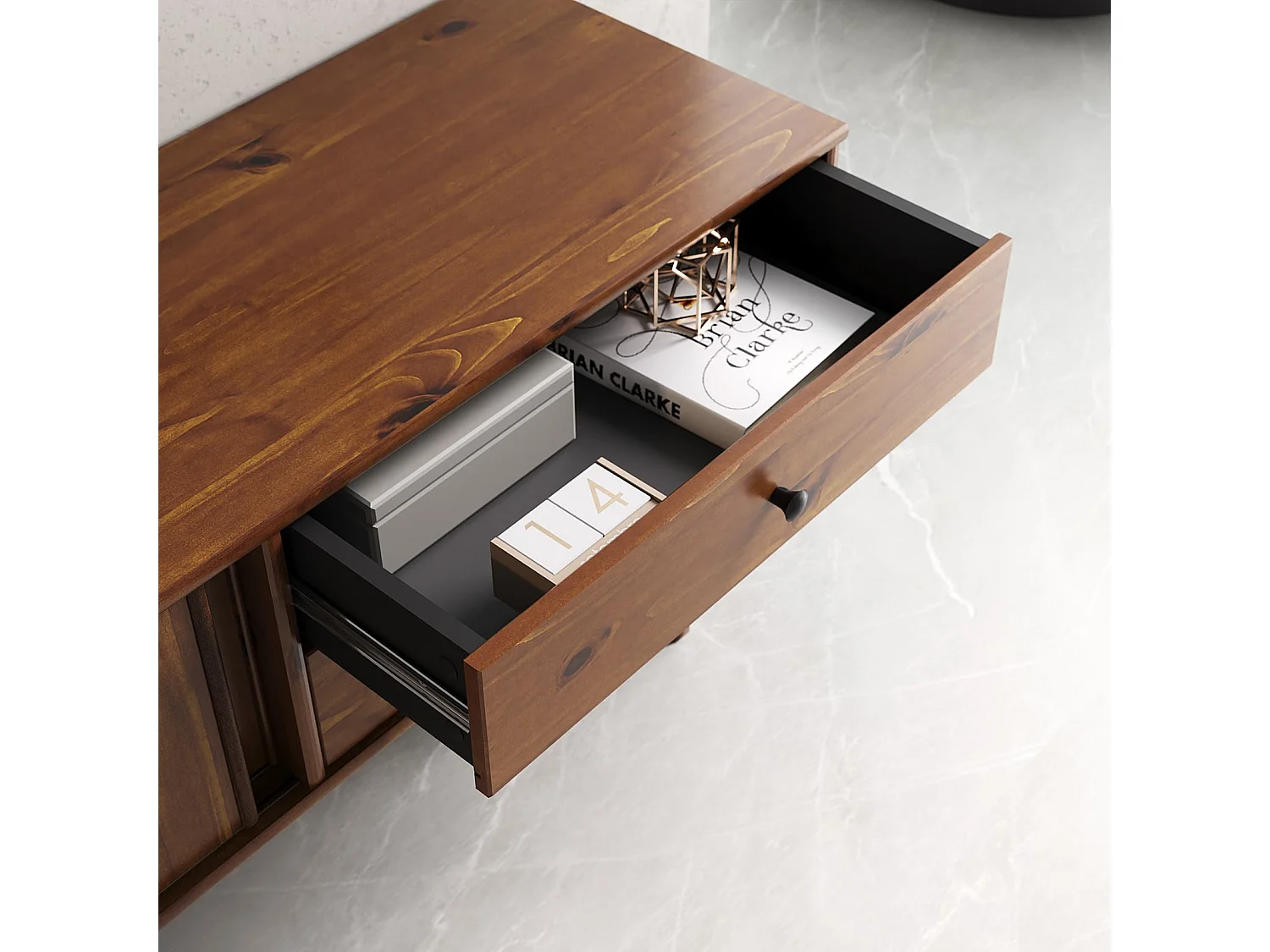 Meuble TV SIMONA L 175 cm en Bois Massif Coloris Châtaignier avec 2 Tiroirs 2 Portes Coulissantes, Pour téléviseur jusqu'à 75"