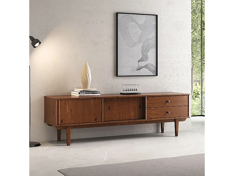 Meuble TV SIMONA L 175 cm en Bois Massif Coloris Châtaignier avec 2 Tiroirs 2 Portes Coulissantes, Pour téléviseur jusqu'à 75"