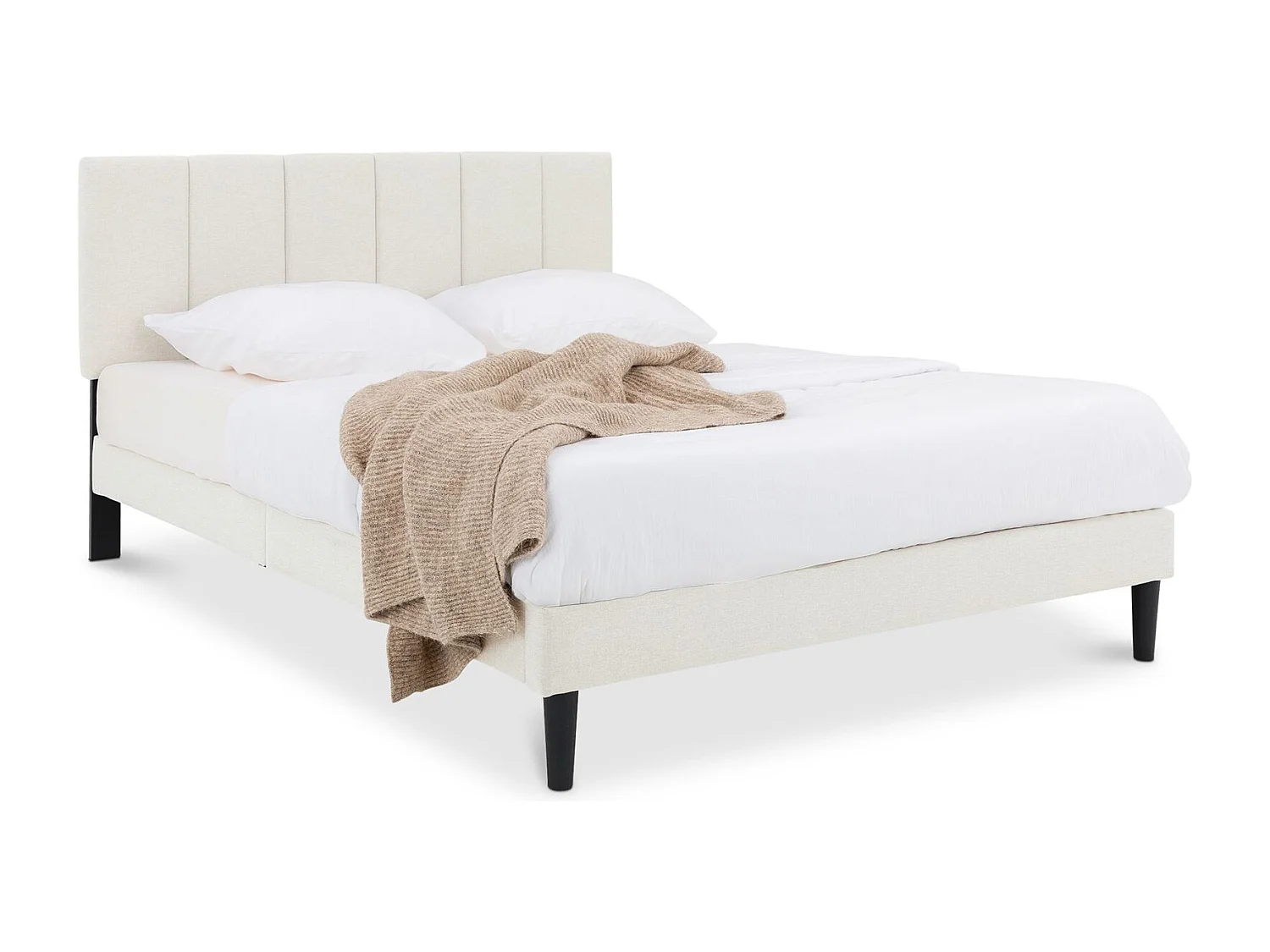 Lit Double OLBIA 140x190 cm, Rembourré en Tissu Blanc Crème, Cadre de Lit Adulte, Sommier Inclus