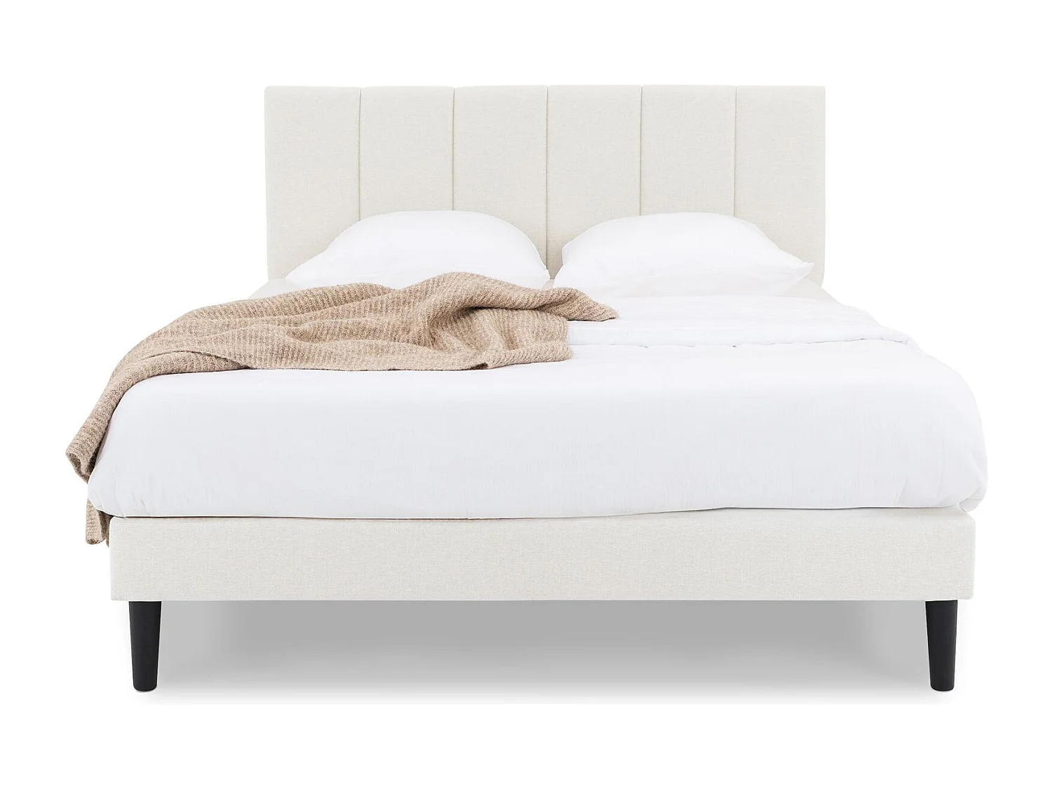 Lit Double OLBIA 140x190 cm, Rembourré en Tissu Blanc Crème, Cadre de Lit Adulte, Sommier Inclus