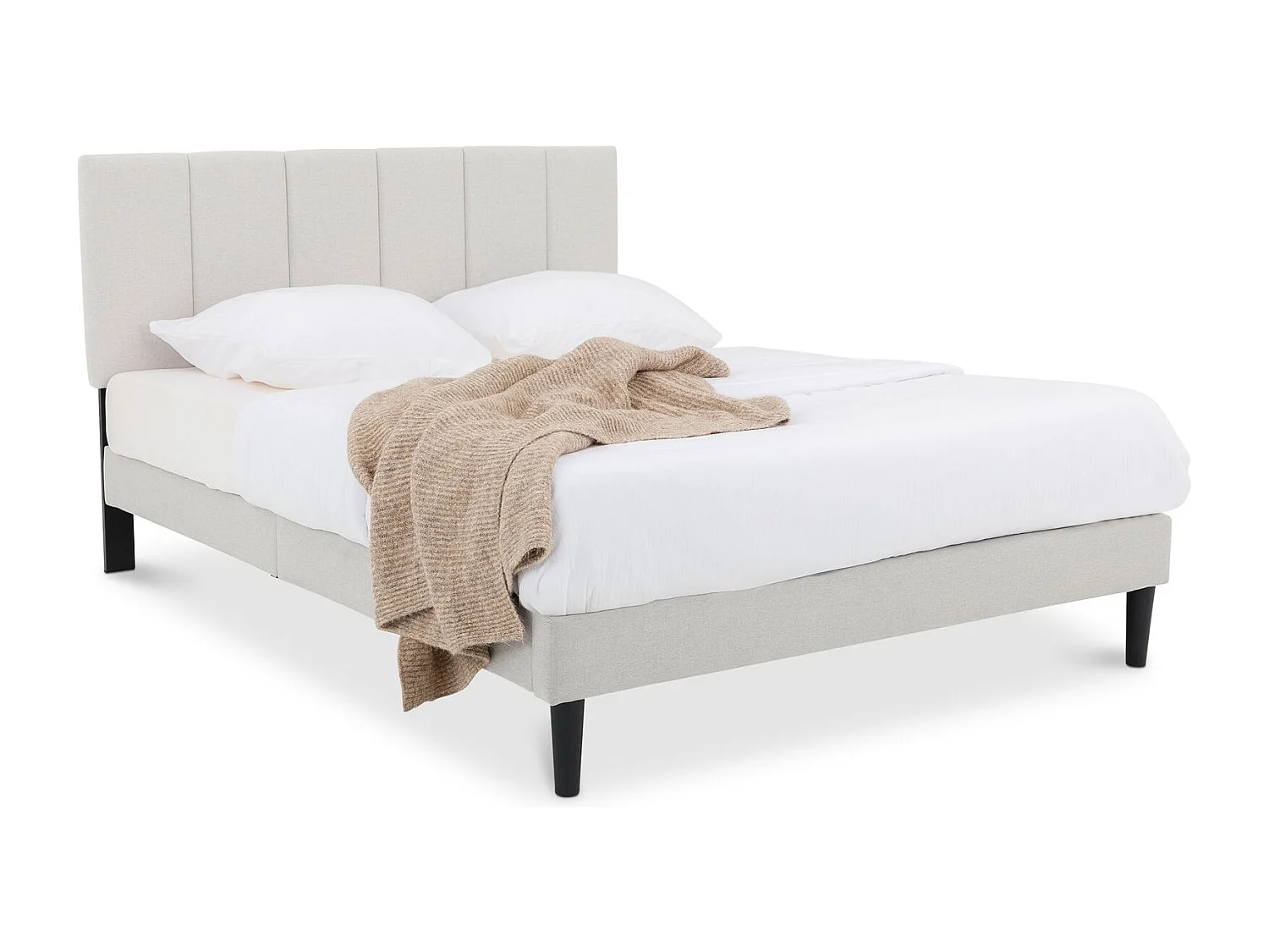 Lit Double OLBIA 140x190 cm, Rembourré en Tissu Gris Clair, Cadre de Lit Adulte, Sommier Inclus