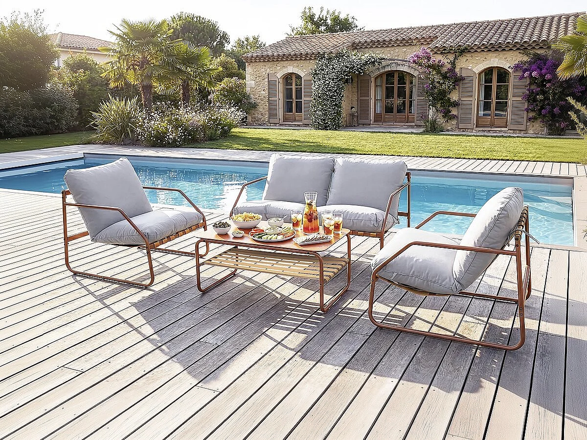 Salotto da giardino in metallo 4 posti "Sora" terracotta con cuscini spessi e tavolino in vetro