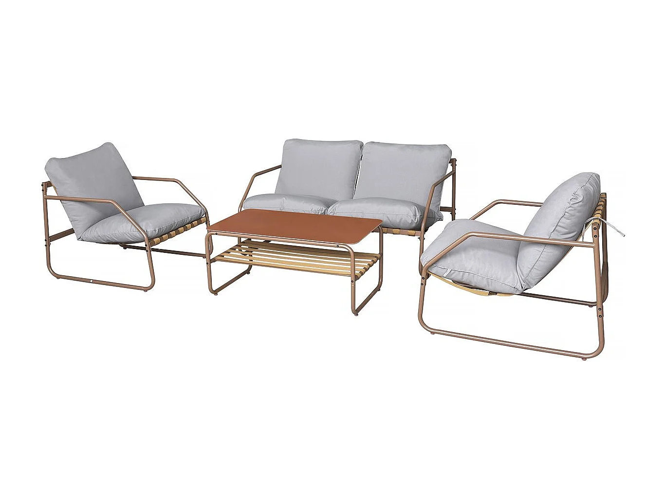 Salotto da giardino in metallo 4 posti "Sora" terracotta con cuscini spessi e tavolino in vetro