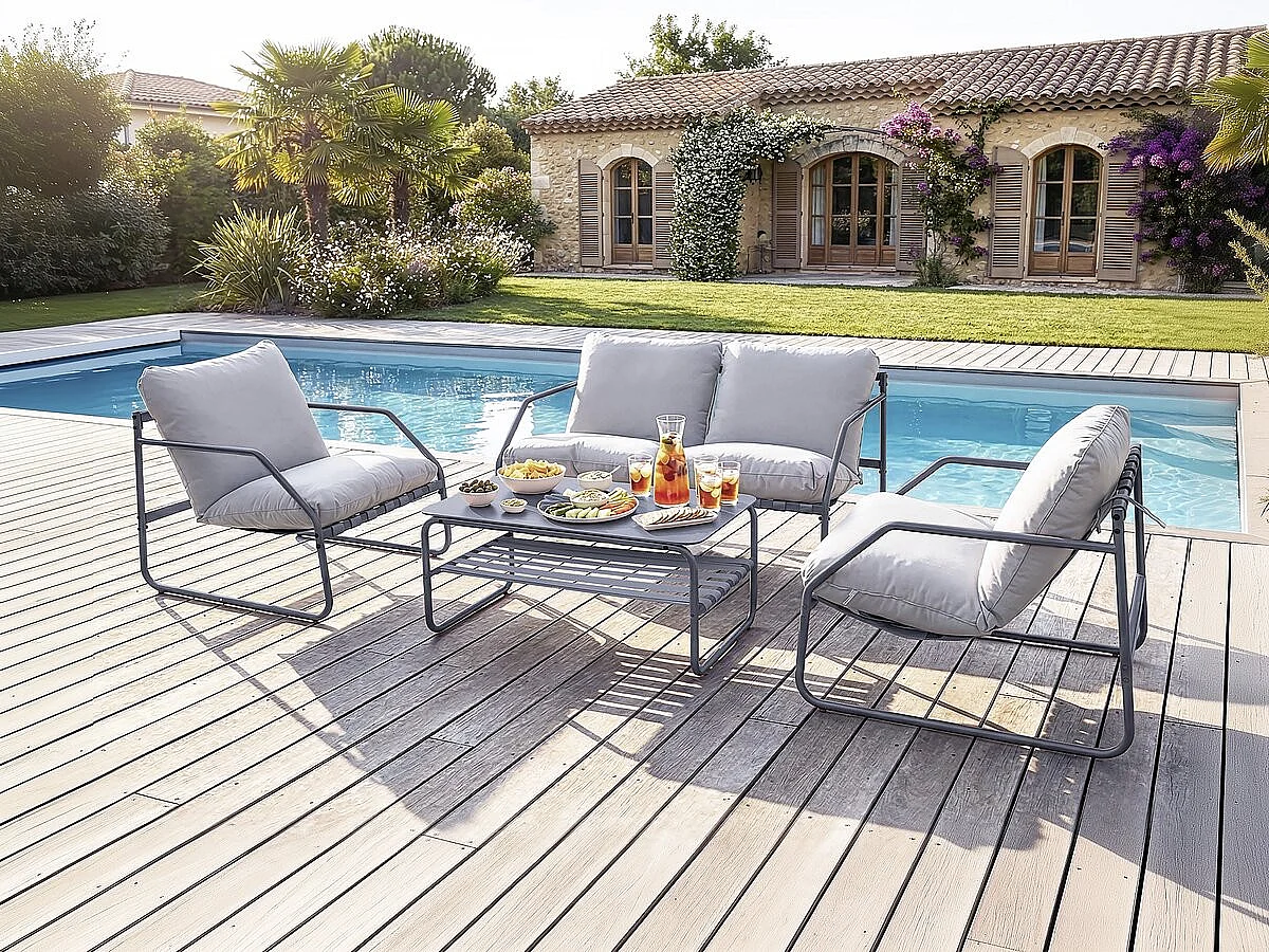 Salotto da giardino 4 posti "Sora" in metallo grigio con cuscini spessi e tavolino in vetro