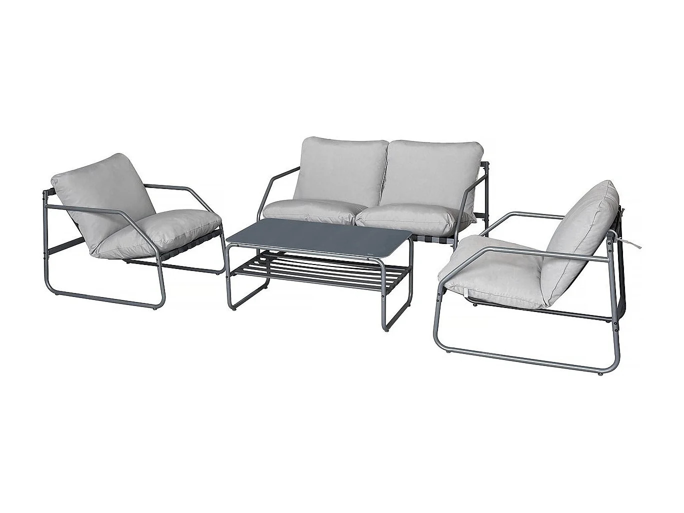 Salotto da giardino 4 posti "Sora" in metallo grigio con cuscini spessi e tavolino in vetro