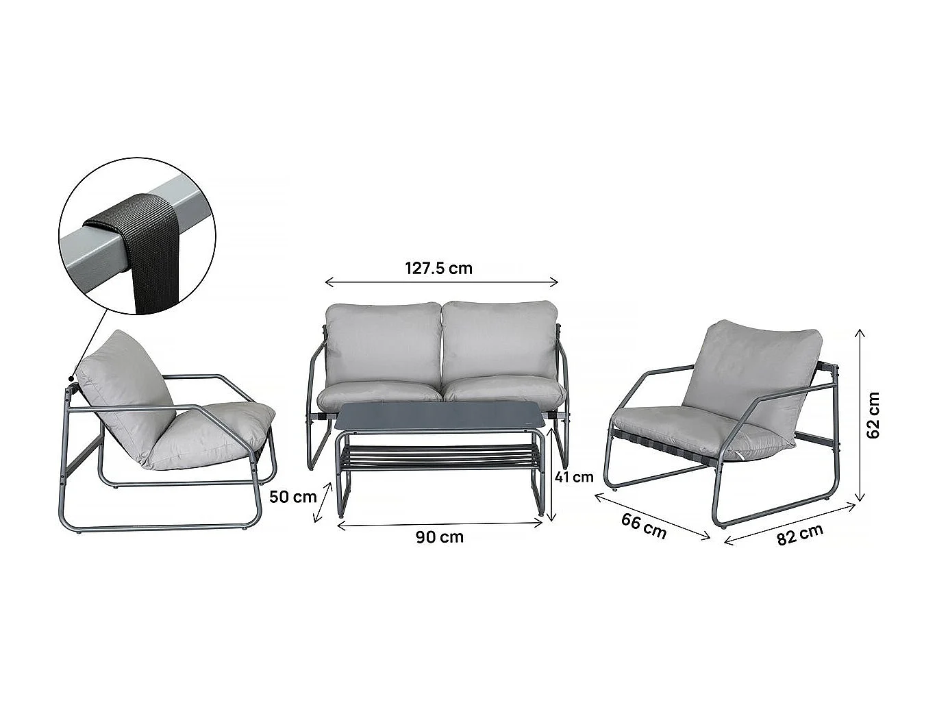 Salotto da giardino 4 posti "Sora" in metallo grigio con cuscini spessi e tavolino in vetro