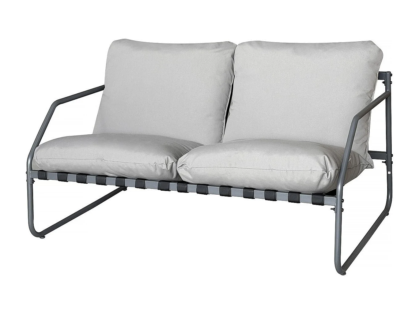 Salotto da giardino 4 posti "Sora" in metallo grigio con cuscini spessi e tavolino in vetro