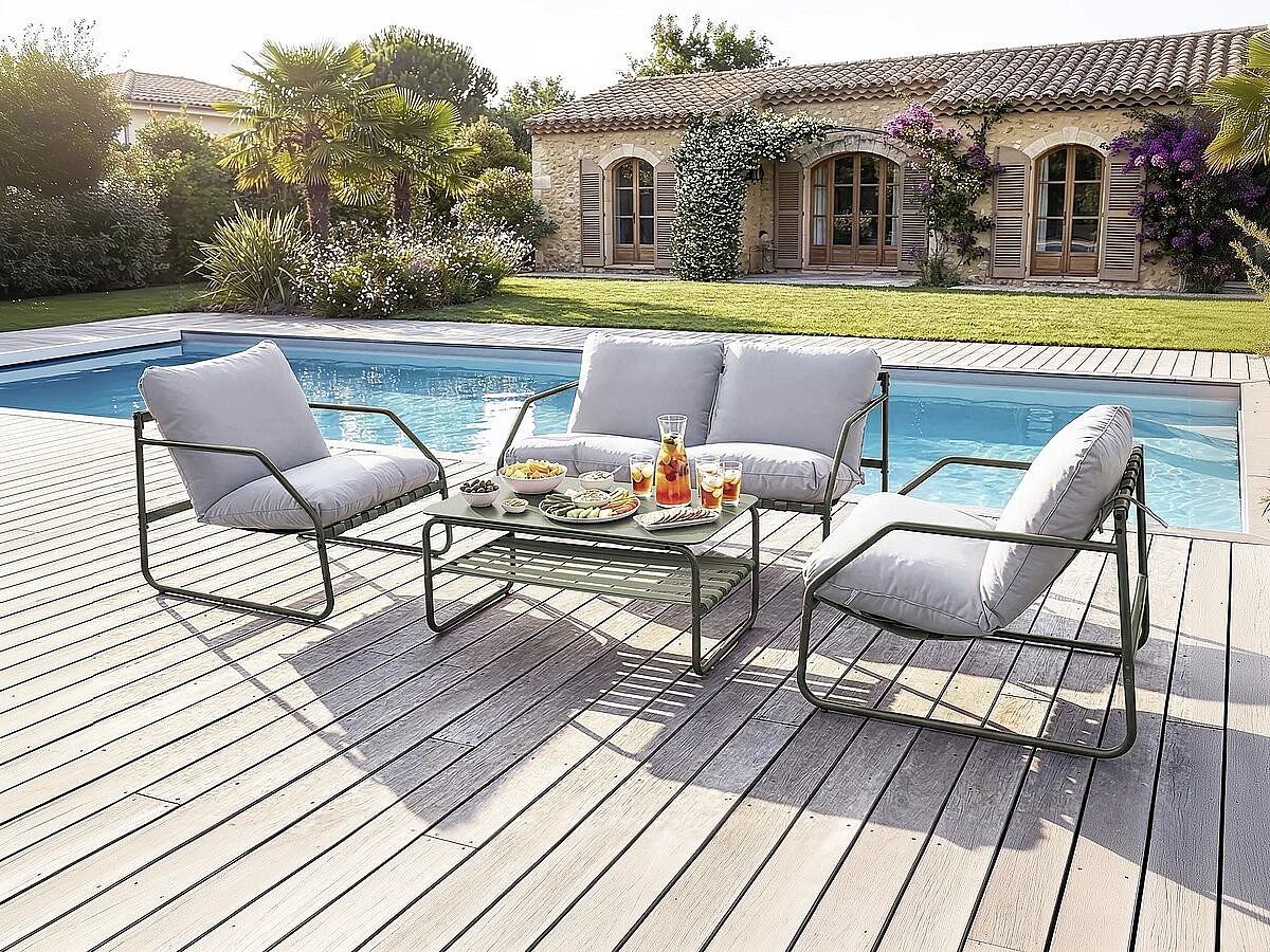 Salotto da giardino in metallo verde "Sora" per 4 persone con cuscini in poliestere e tavolino in vetro