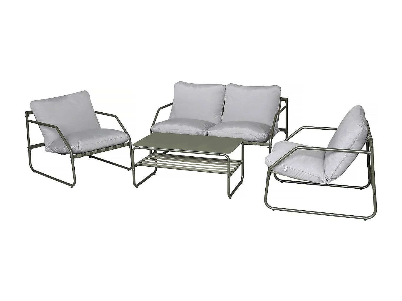 Salotto da giardino in metallo verde "Sora" per 4 persone con cuscini in poliestere e tavolino in vetro