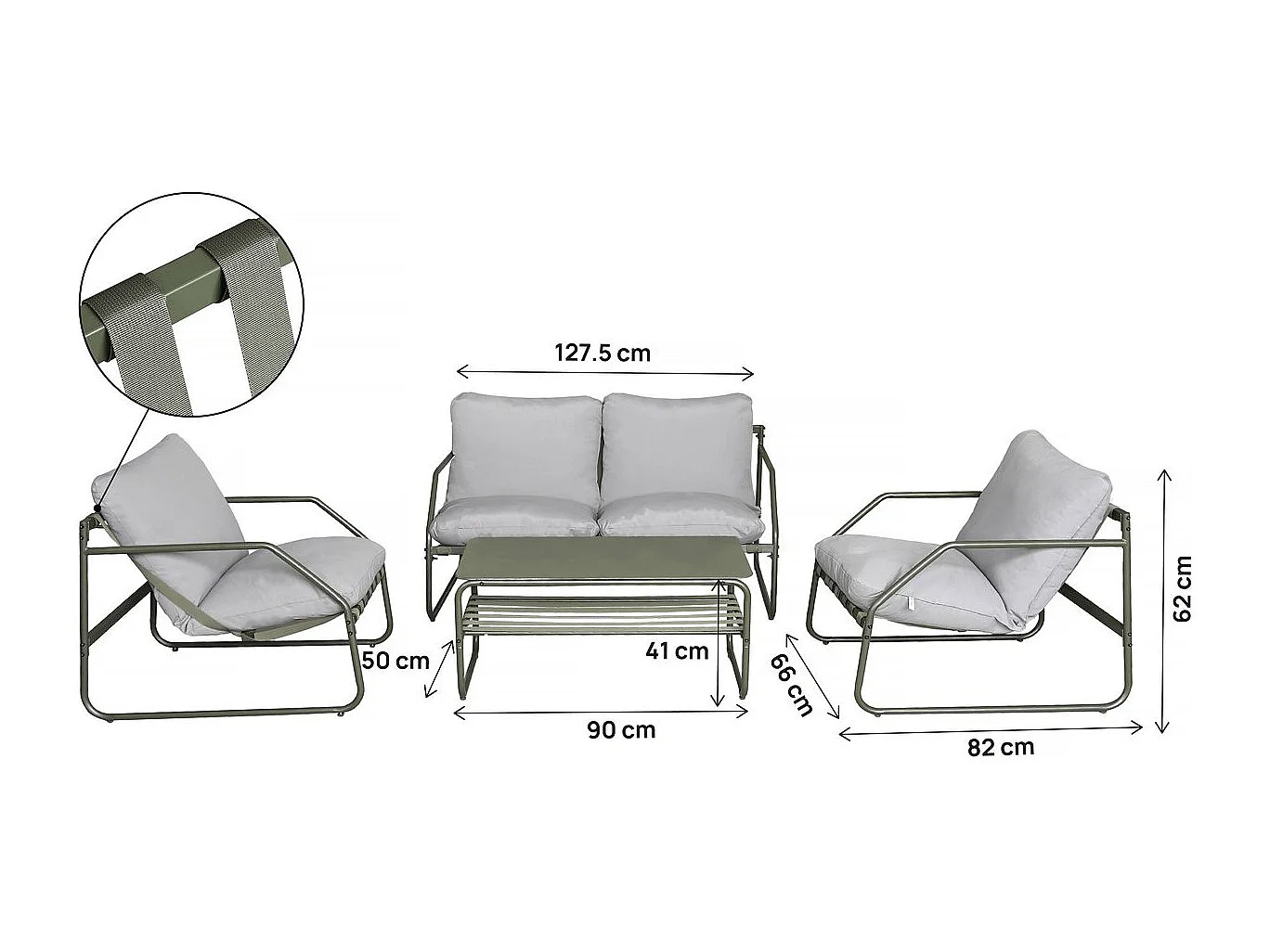 Salotto da giardino in metallo verde "Sora" per 4 persone con cuscini in poliestere e tavolino in vetro