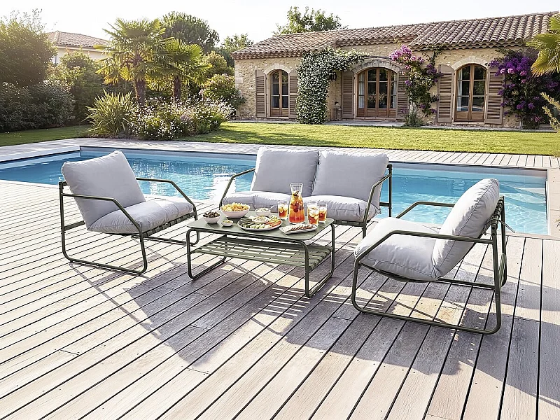 Zielony metalowy zestaw ogrodowy "Sora" dla 4 osób z poduszkami poliestrowymi i szklanym stolikiem kawowym