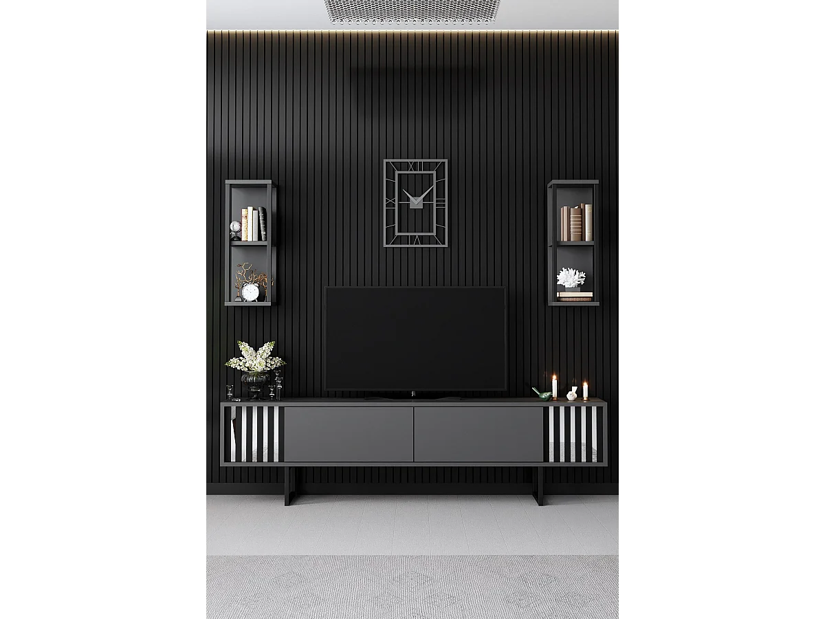 Meuble TV en bois "Chrome Line" - 180 x 30 x 48 cm - AnthraciteNoir
