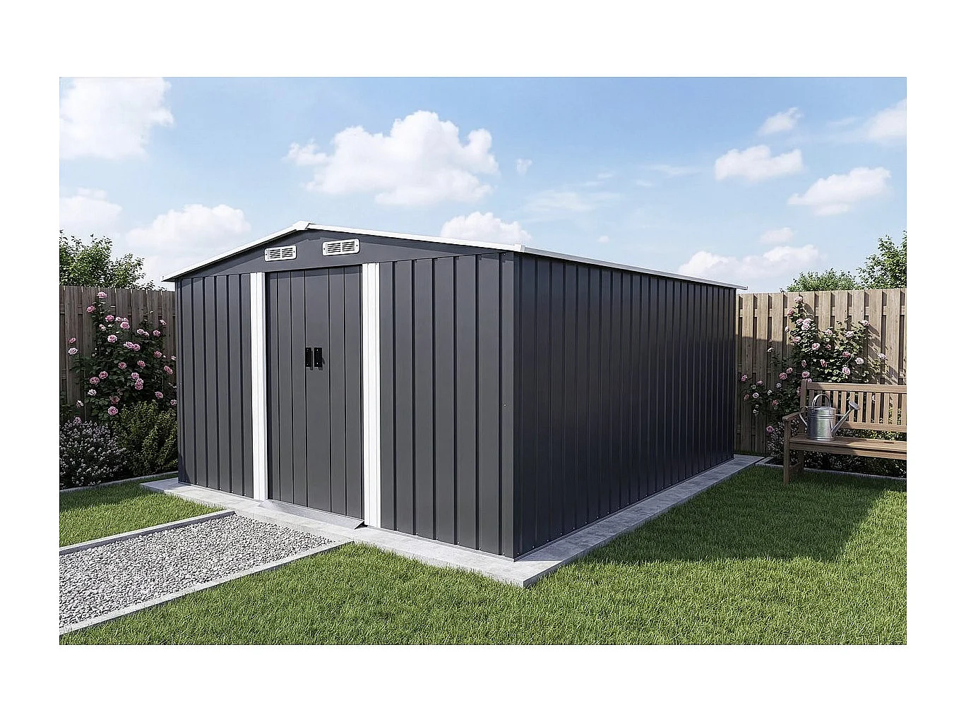 Casetta da giardino in metallo con porta scorrevole "Boston" - 13 m² - Grigio